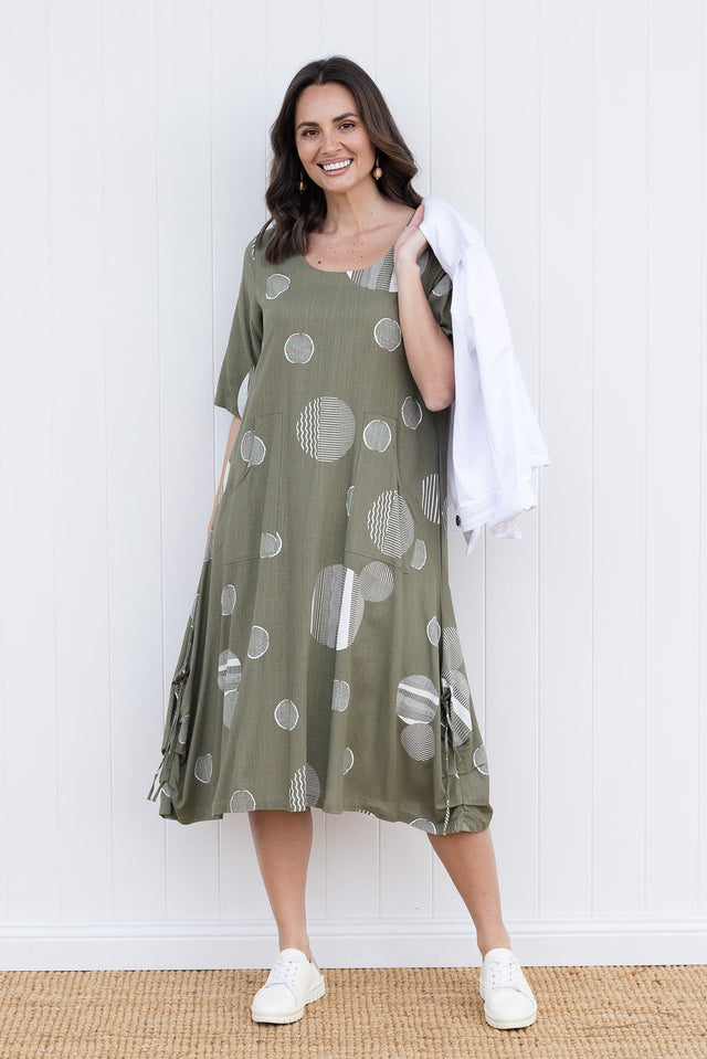 Hailee Olive Spot Linen Cotton Dress,brunette model,Front of Outfit,Lifestyle