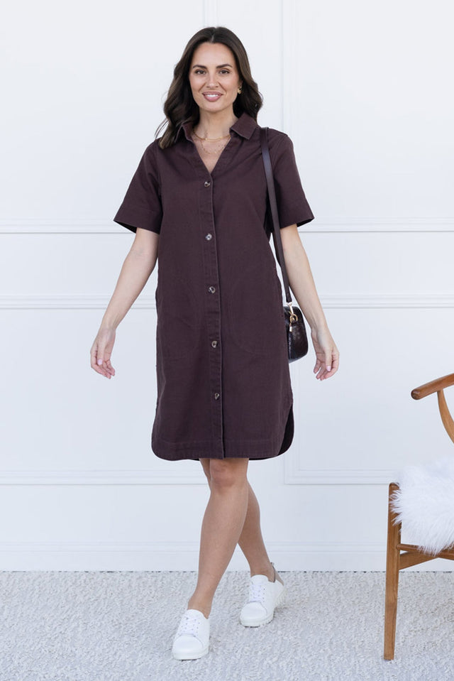Dawson Chocolate Denim Button Dress,brunette model,Front of Outfit,Lifestyle