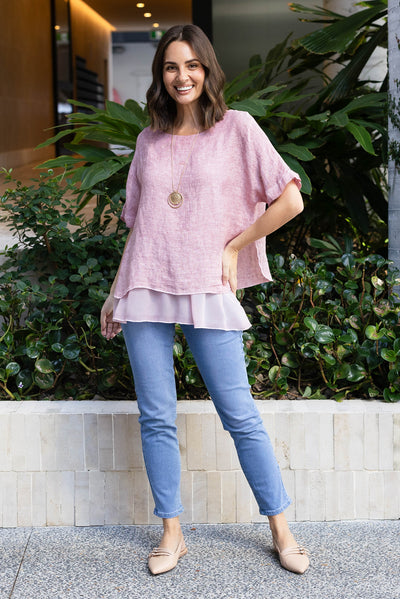 Kayla Pink Linen Layered Top