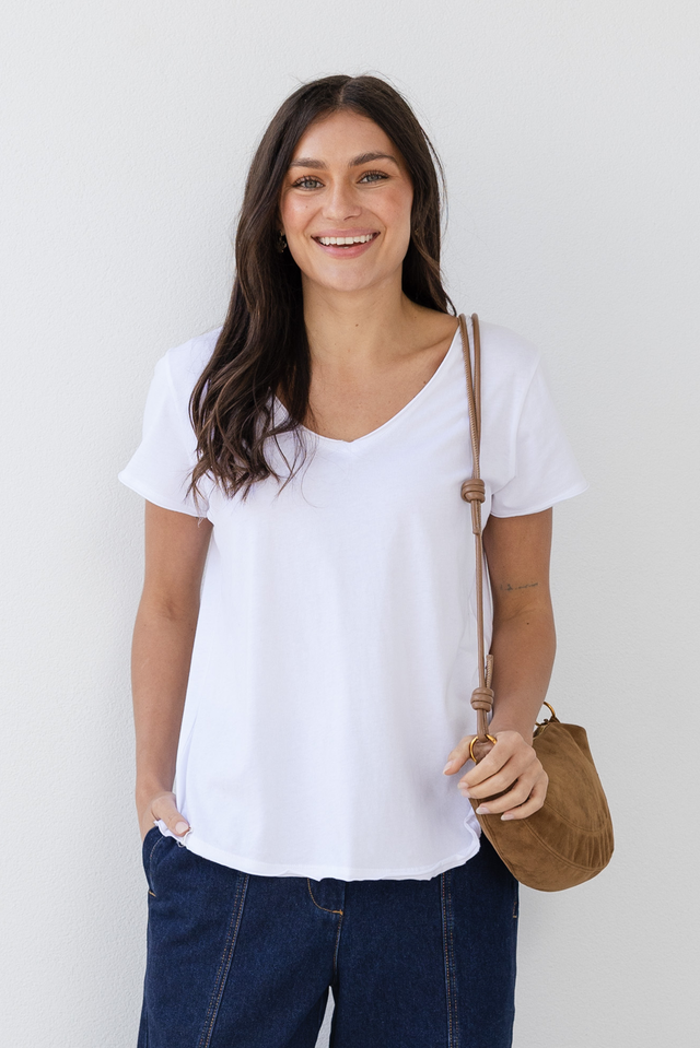 Maggie White Cotton Vee Tee