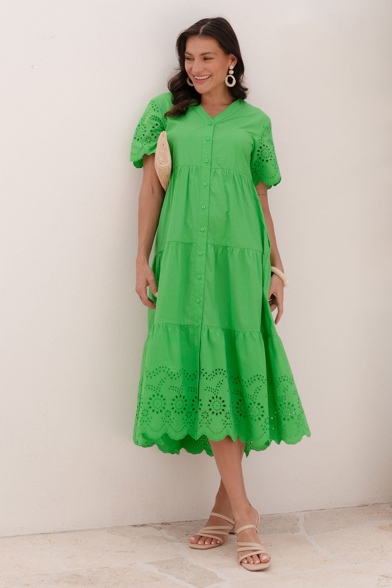 Lilith Green Embroidered Cotton Dress - Blue Bungalow NZ Lilith Green Embroidered Cotton Dress - Blue Bungalow NZ