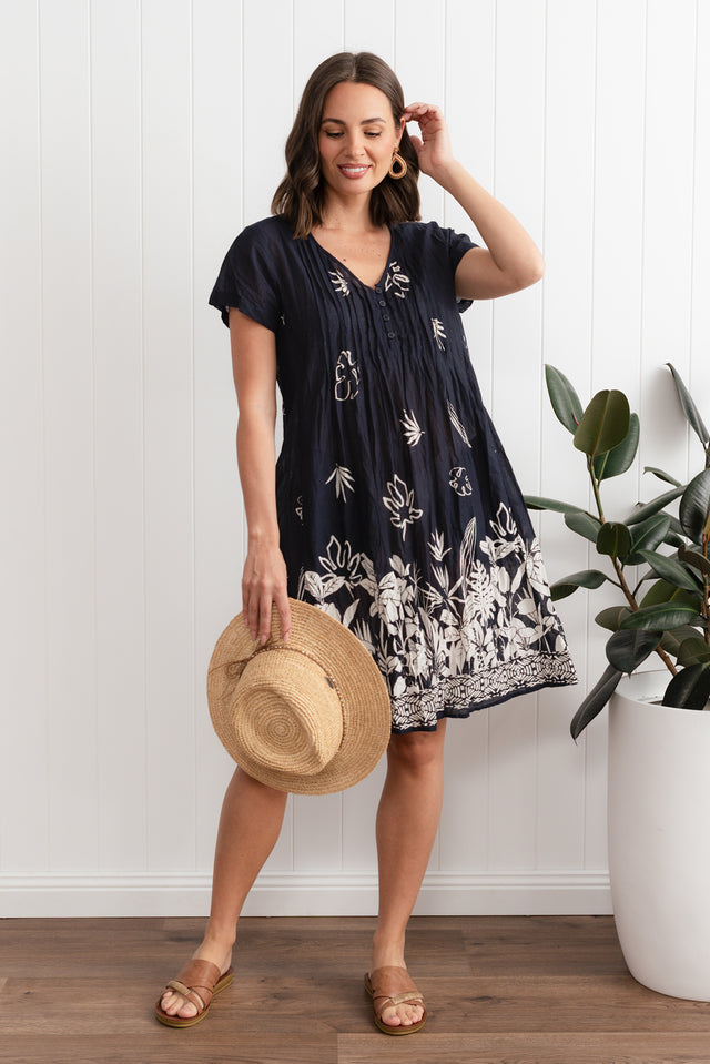 Sabina Navy Botanical Crinkle Cotton Dress