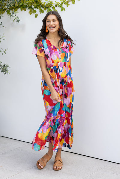 Nona Pink Bloom Crinkle Cotton Maxi Dress,Brunette model,Lifestyle