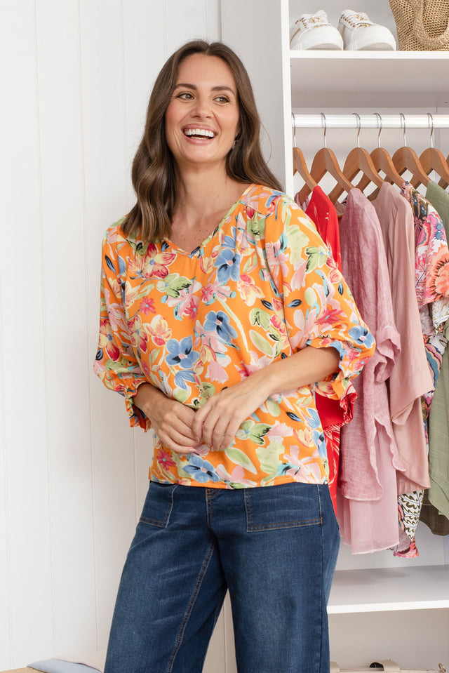 Lourdes Orange Floral Frill Sleeve Top image 1
