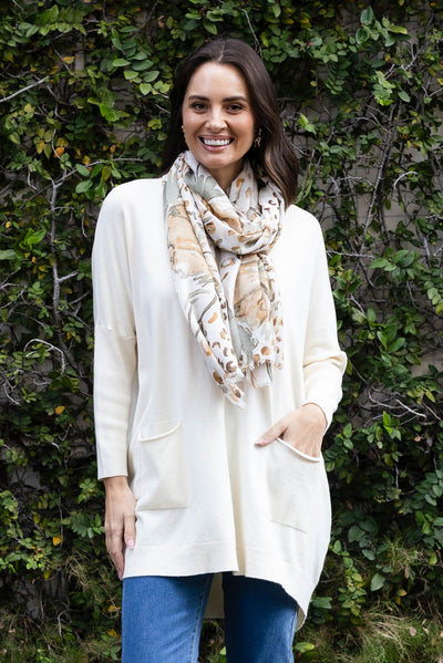 Helsinki Cream Knit Pocket Jumper,Brunette model,Lifestyle