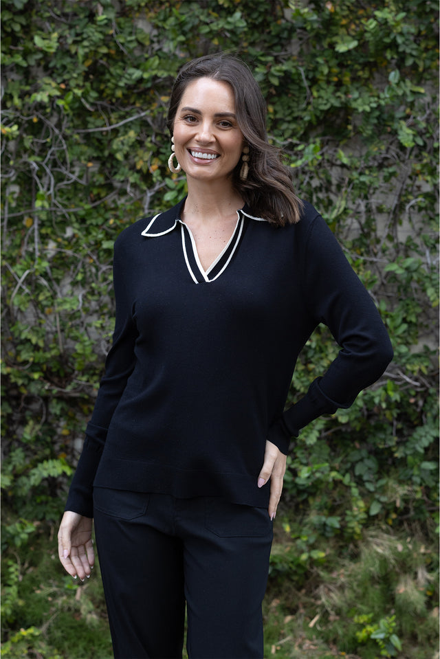 Makenna Black Collared Knit Top
