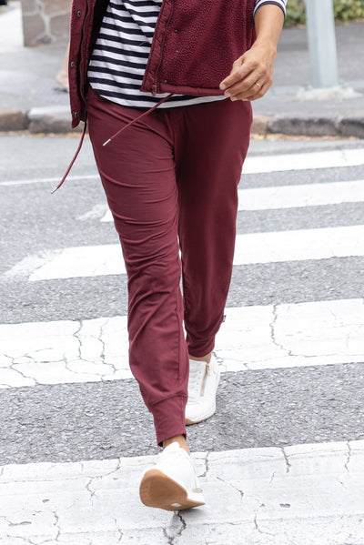 Freedom Burgundy Drawstring Sweatpants,Brunette model,Lifestyle