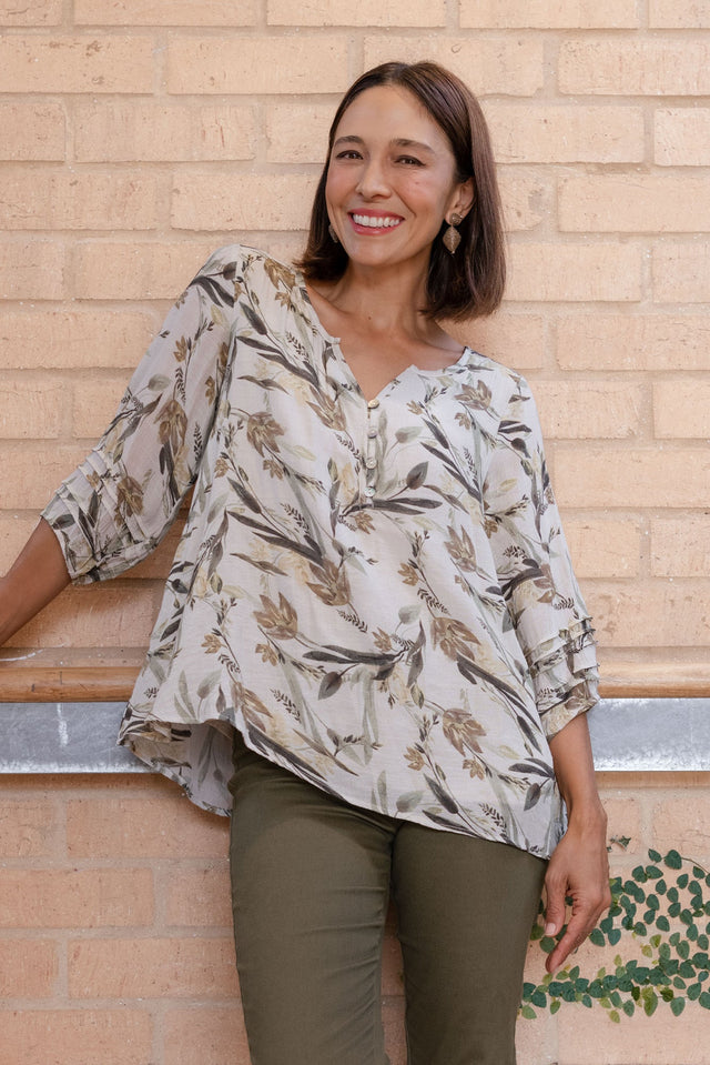 Ramirez Beige Flower Button Top,Brunette model,Lifestyle