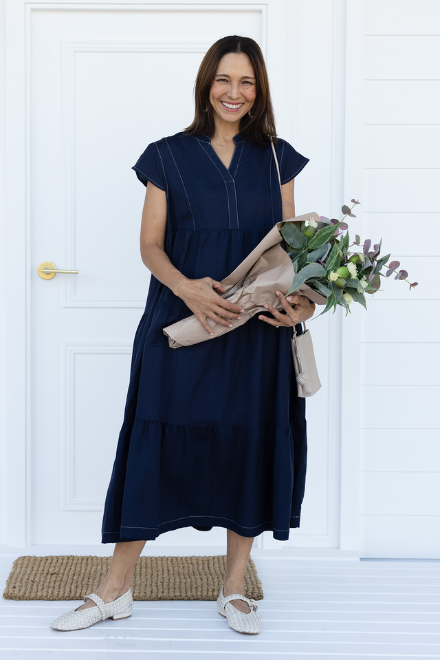 Yvette Navy Contrast Linen Blend Dress,Brunette model,Lifestyle image 1