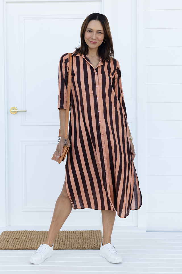 Tricia Chocolate Stripe Cotton Shirt Dress,Lifestyle image 1