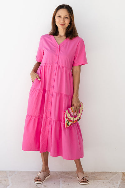 Winona Fuchsia Cotton Button Dress