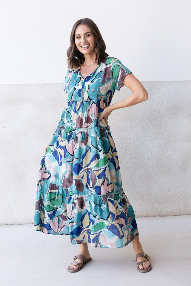 Nona Teal Foliage Crinkle Cotton Maxi Dress