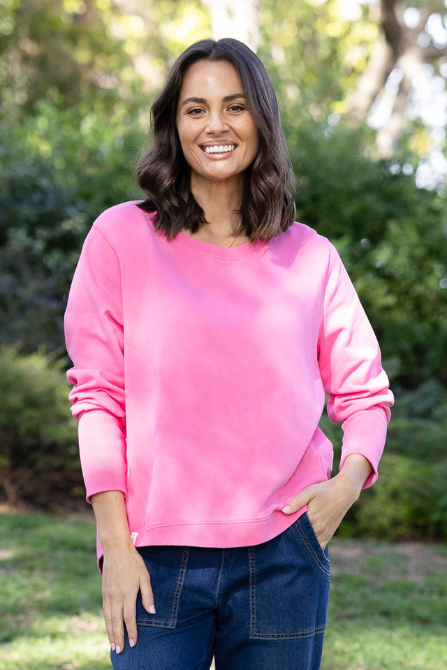 Divine Hot Pink Cotton Crew Sweatshirt,Brunette model,Lifestyle