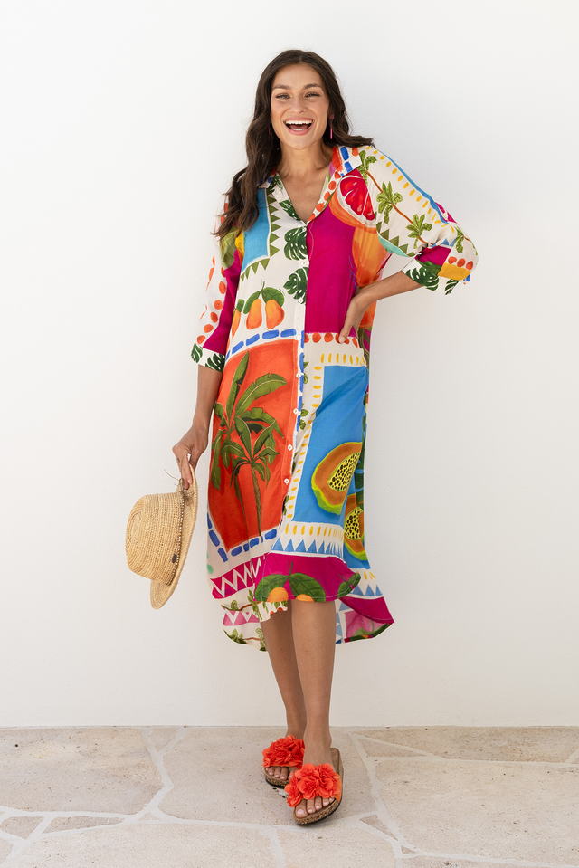 Zinnia Blue Tropical Shirt Dress, Lifestyle