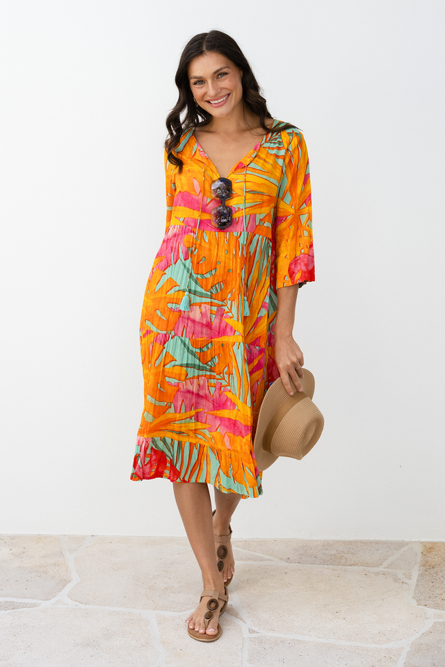 Milana Orange Leaf Crinkle Cotton Dress,Lifestyle