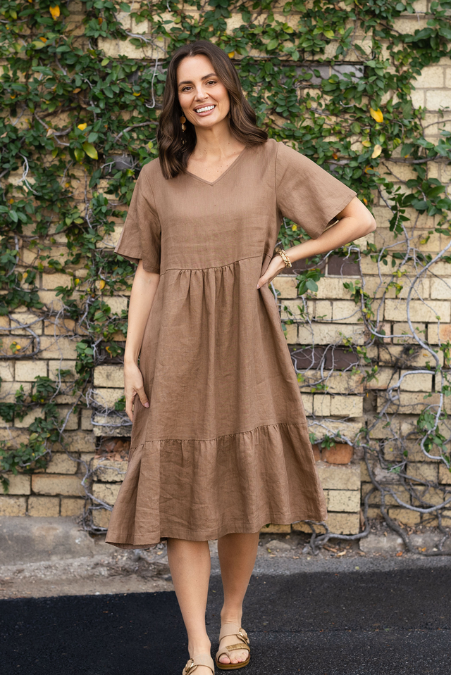 Miller Mocha Linen Tiered Dress,Lifestyle image 1