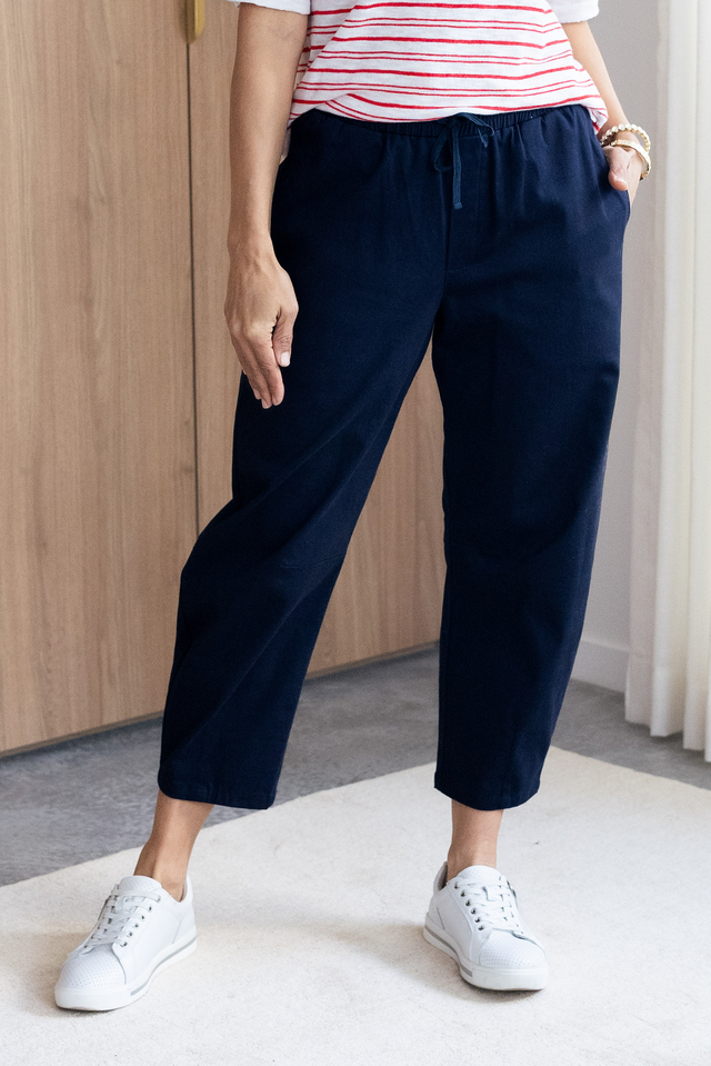 Andy Navy Cotton Cropped Barrel Pants,Lifestyle