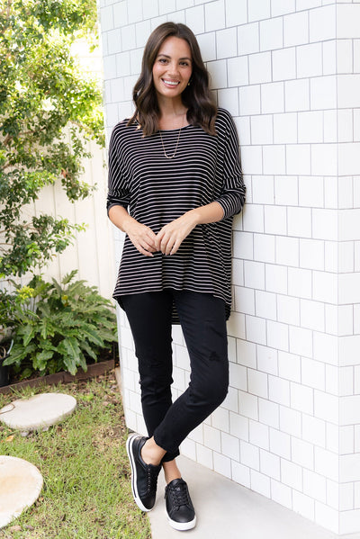 Black Stripe Milan 3/4 Sleeve Top,Brunette model,Lifestyle