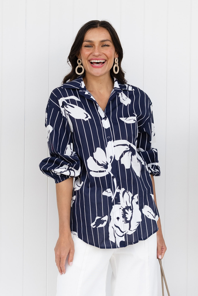 Darline Navy Floral Stripe Cotton Shirt,Lifestyle