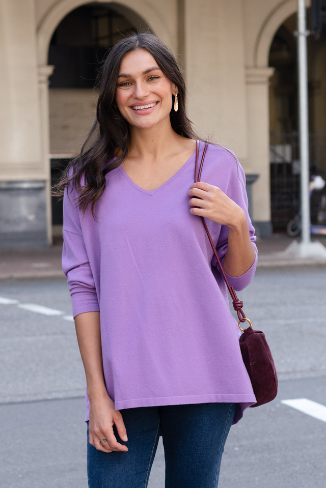 Ronnie Lilac Knit Jumper,Brunette model,Lifestyle