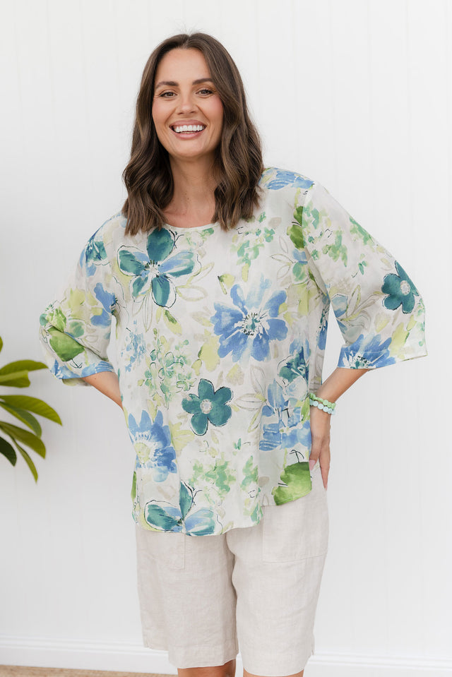 Hepburn Green Floral Linen Blend Top image 1