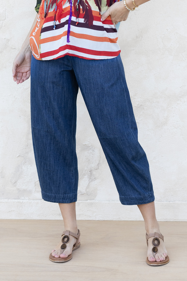 Ottie Blue Cotton Barrel Pants,Brunette model, Lifestyle