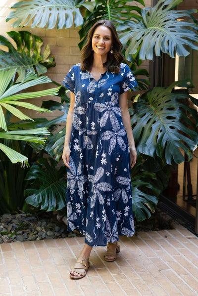 Nona Navy Flower Crinkle Cotton Maxi Dress