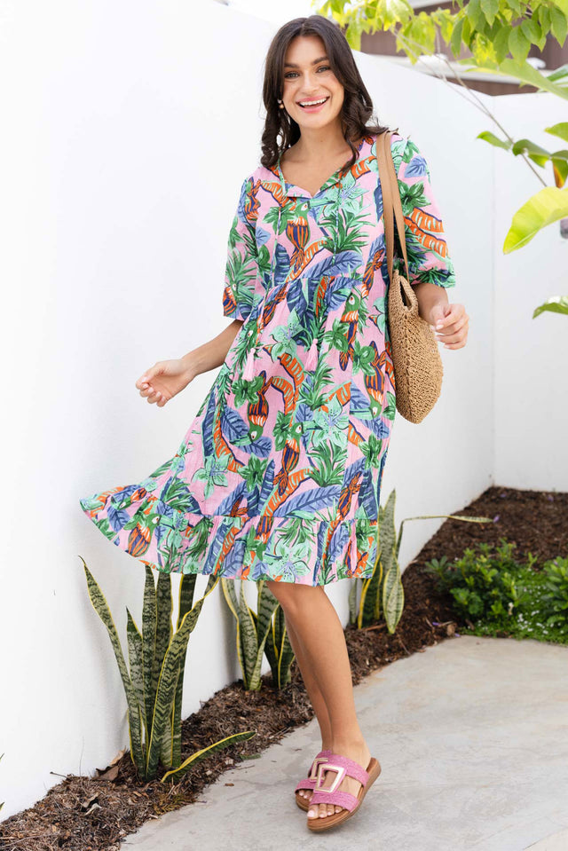 Mila Pink Jungle Crinkle Cotton Dress