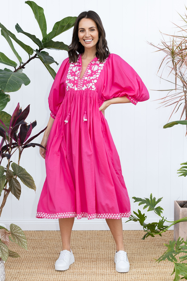 Lazlo Hot Pink Cotton Embroidered Dress,brunette model,Lifestyle