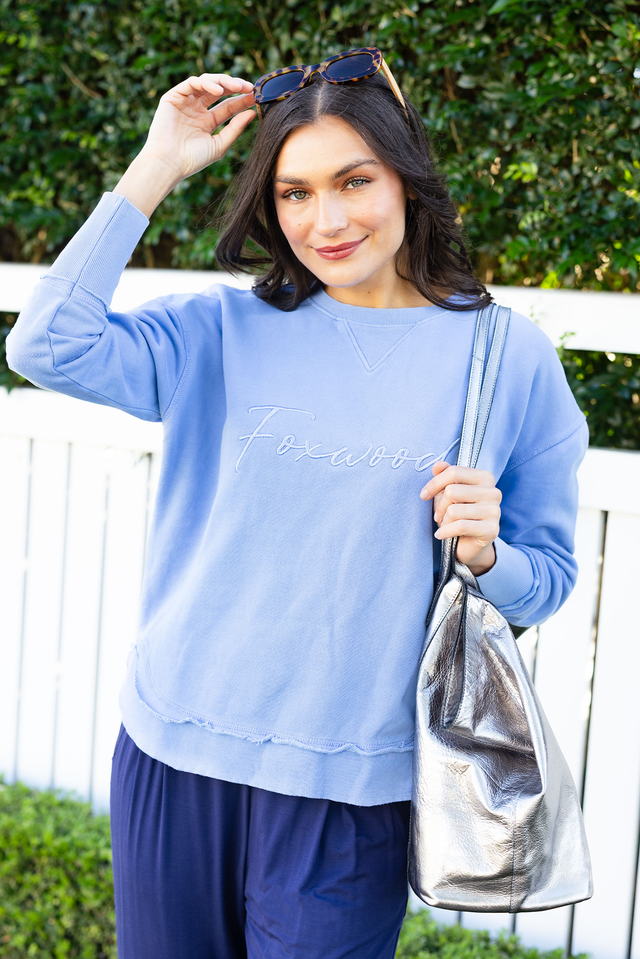 Signature Blue Cotton Crewneck Sweatshirt,Front,Brunette model,Lifestyle
