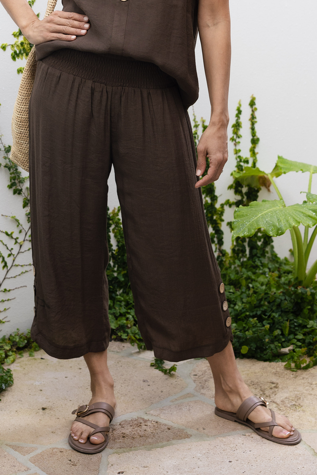 Lettie Chocolate Button Pants,Lifestyle