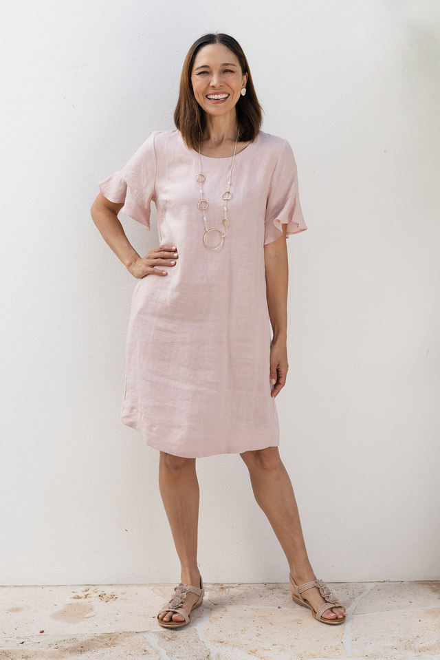Lesley Blush Linen Flutter Sleeve Dress,Lifestyle