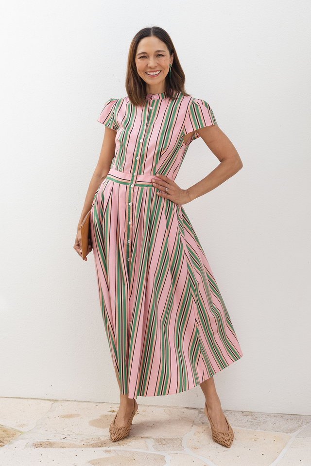 Luanne Green Stripe Cotton Button Dress,Lifestyle