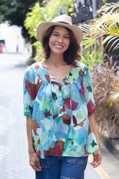 Claris Teal Flower Crinkle Cotton Top,Brunette model,Lifestyle