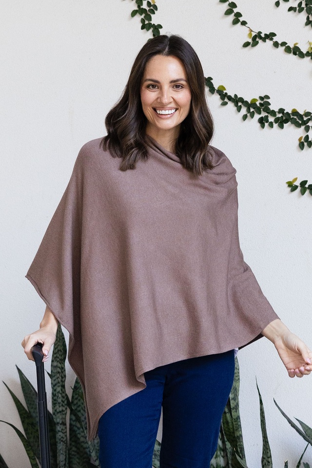 Amy Chocolate Wool Blend Poncho,Lifestyle,Brunette model