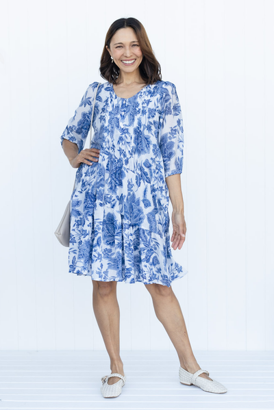 Esta Blue Floral Sleeved Dress