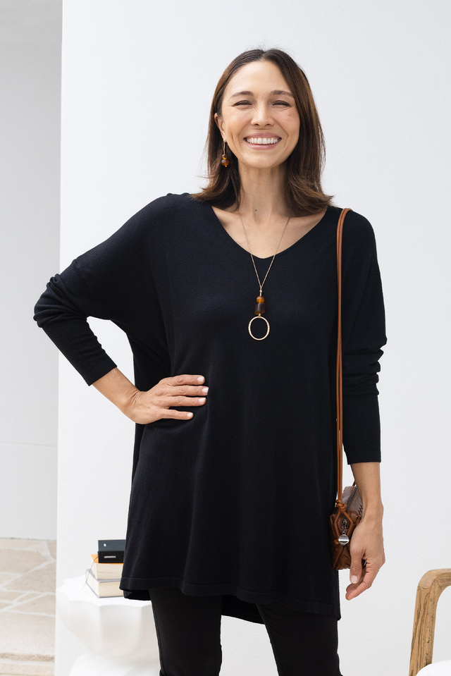 Piper Black V Neck Knit Jumper,Brunette model,Lifestyle