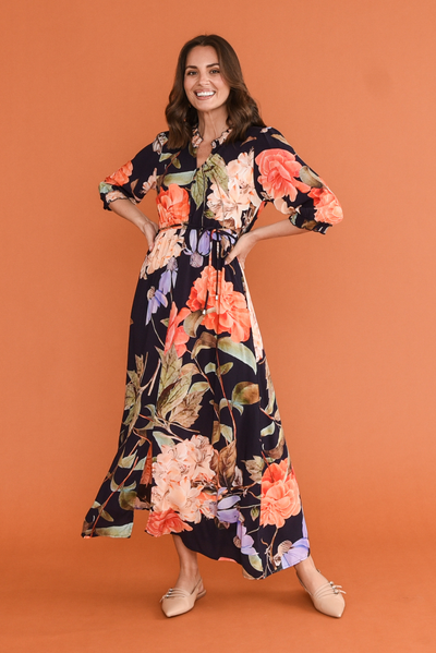 Lyria Navy Floral Tie Dress