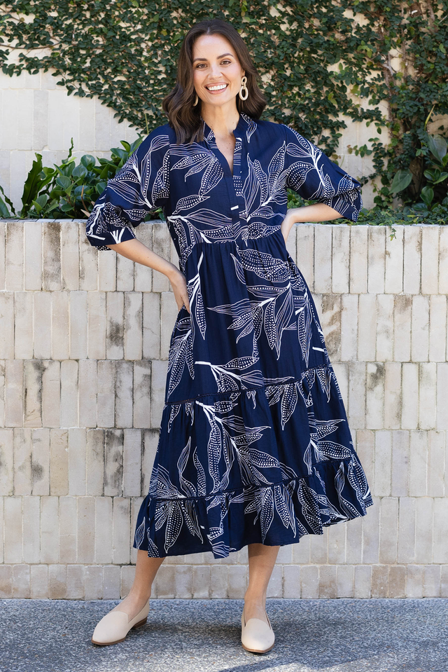Lillian Navy Leaf Tier Dress