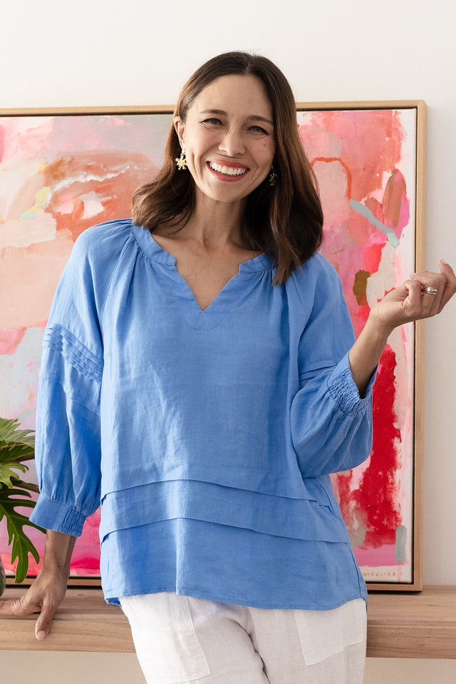 Kate Blue Linen Tiered Top,Lifestyle image 1