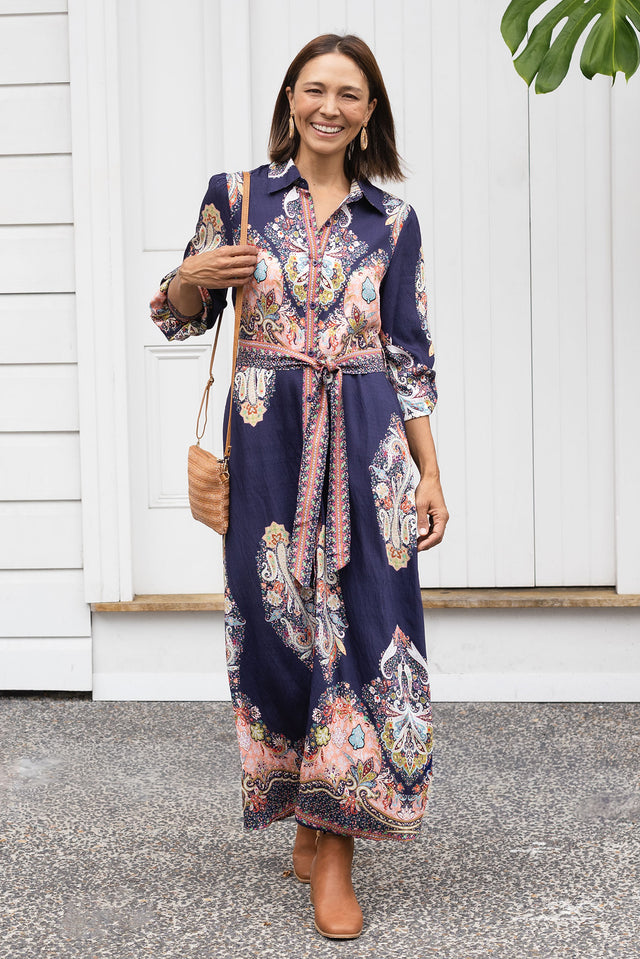 Marina Navy Mosaic Linen Cotton Dress