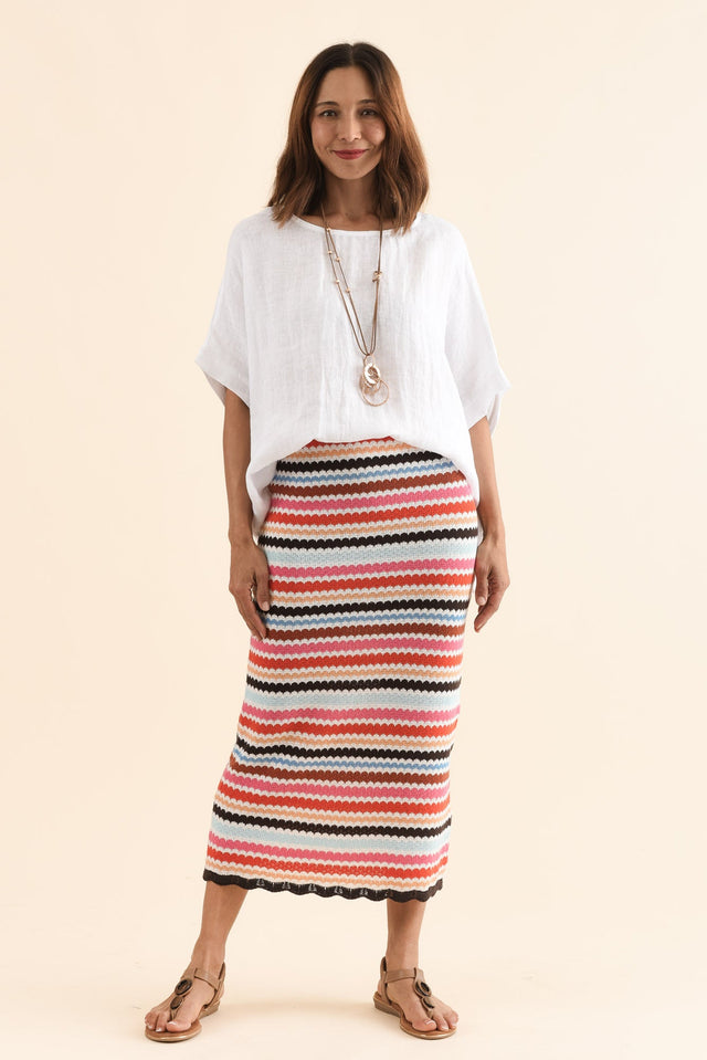 Retro Multi Stripe Cotton Knit Skirt,Full Body,Brunette model,alt text|model:Cara image 2