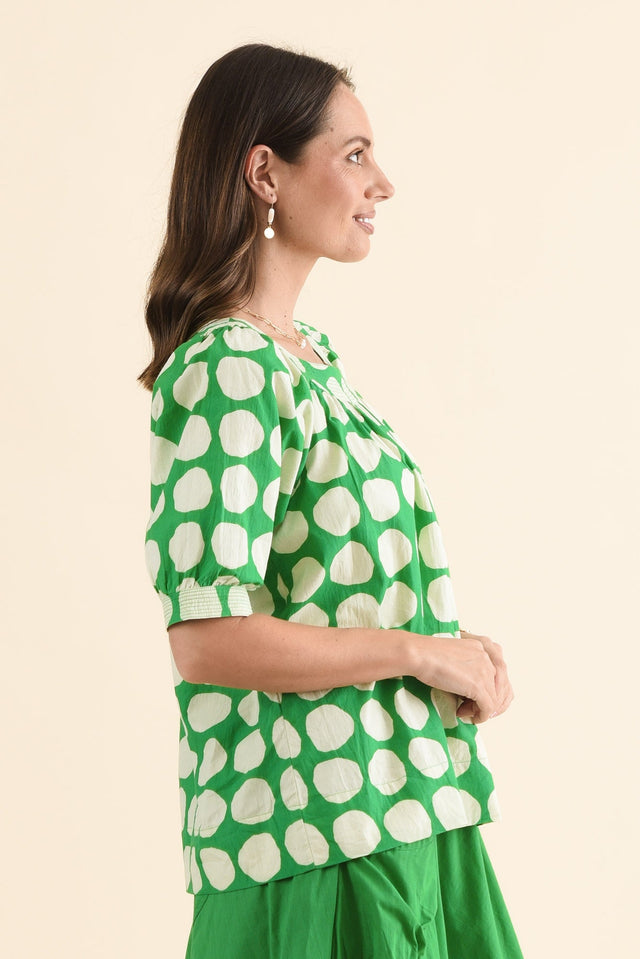 Rhea Green Spot Cotton Top,Side,Brunette model,alt text|model:MJ image 3