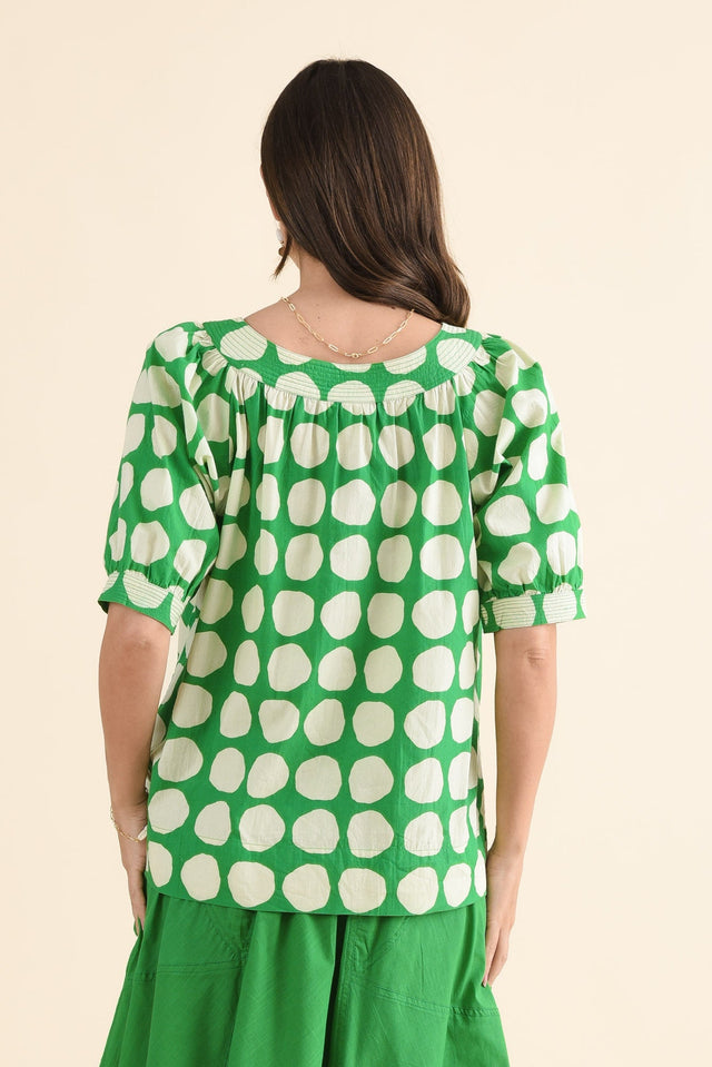 Rhea Green Spot Cotton Top,Back,Brunette model,alt text|model:MJ image 4