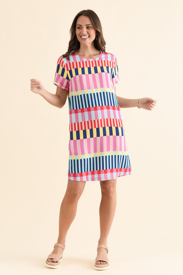 Rio Rumba Pink Geo T-Shirt Dress,Front,Brunette model,alt text|model:MJ