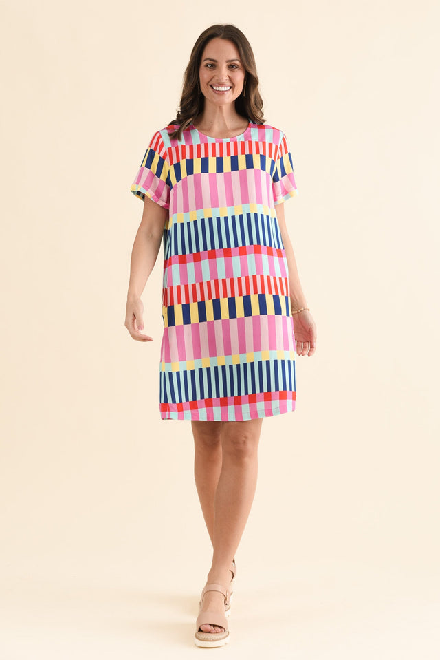 Rio Rumba Pink Geo T-Shirt Dress,Full Body,Brunette model,alt text|model:MJ