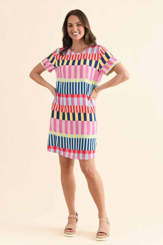Rio Rumba Pink Geo T-Shirt Dress,Full Body,Brunette model,alt text|model:MJ image 6