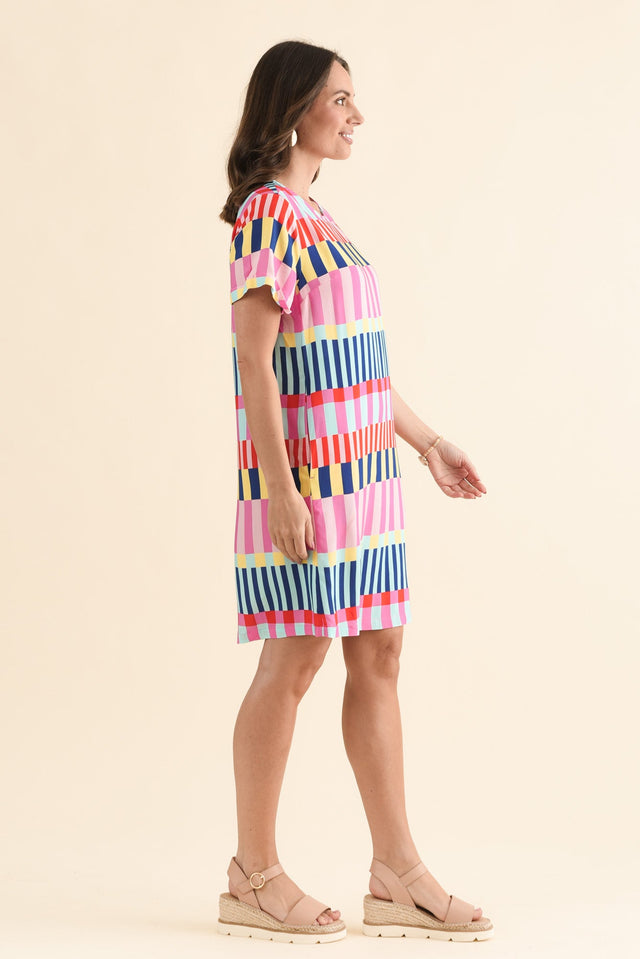 Rio Rumba Pink Geo T-Shirt Dress,Side,Brunette model,alt text|model:MJ image 3