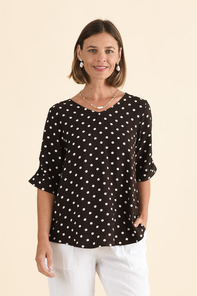 Riveria Brown Spot V Neck Top,Front,Brunette model,alt text|model:Laura