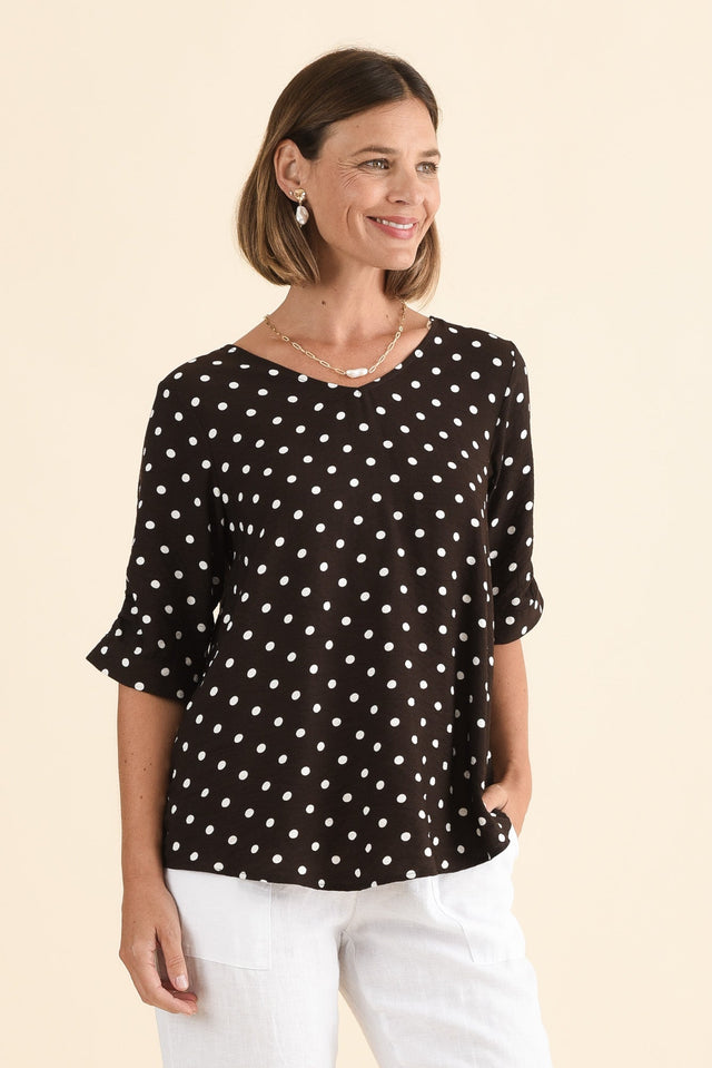 Riveria Brown Spot V Neck Top,Side,Brunette model,alt text|model:Laura image 3